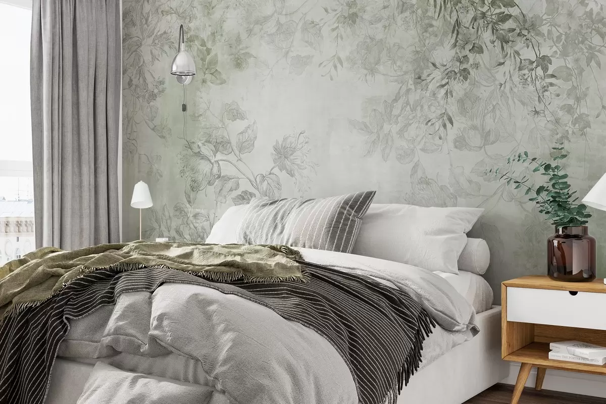 zidne murale Vintage teksturirana cvjetna umjetnost s ilustracijama nježnog vrtnog cvijeća i lišća u stilu crtanja, meki zeleni tonovi w09402v2