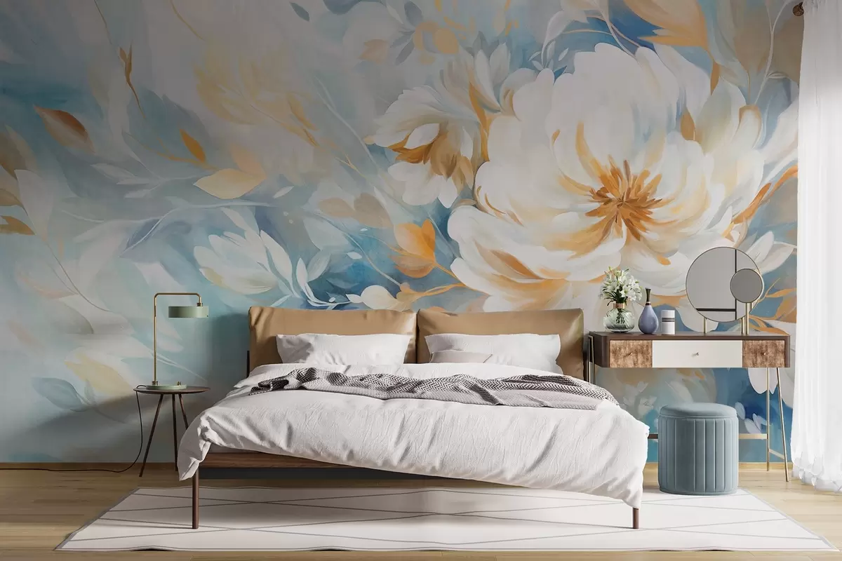 zidne murale Teksturirani bijeli cvijet s plavim i žutim detaljima i lišćem na plavo-bijeloj apstraktnoj pozadini, stil slikanja w09403