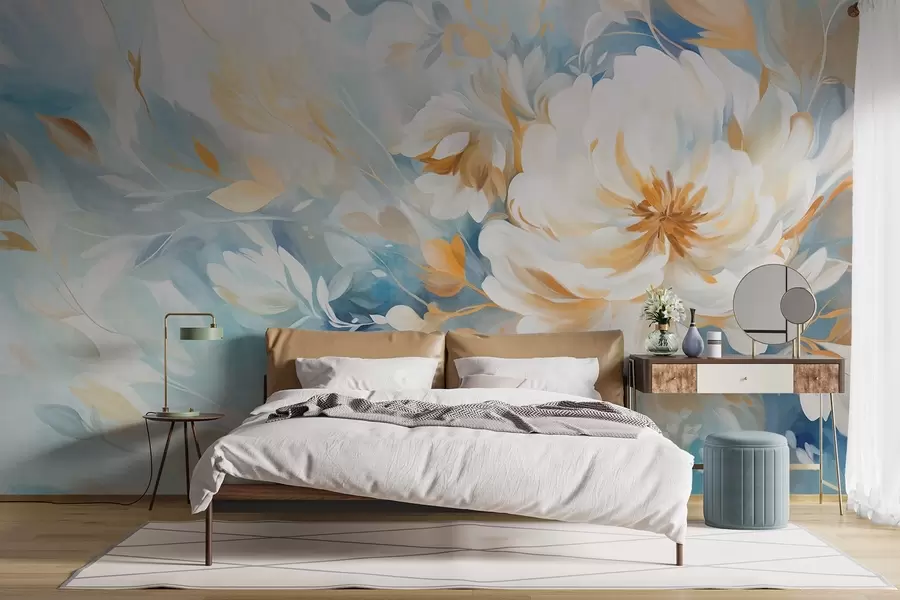 zidne murale Teksturirani bijeli cvijet s plavim i žutim detaljima i lišćem na plavo-bijeloj apstraktnoj pozadini, stil slikanja w09403