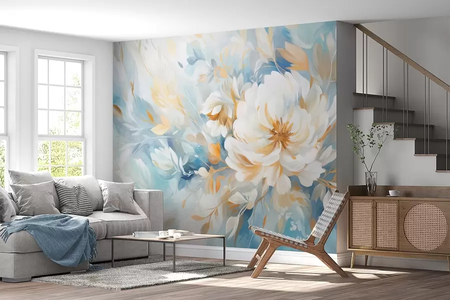 zidne murale Teksturirani bijeli cvijet s plavim i žutim detaljima i lišćem na plavo-bijeloj apstraktnoj pozadini, stil slikanja w09403