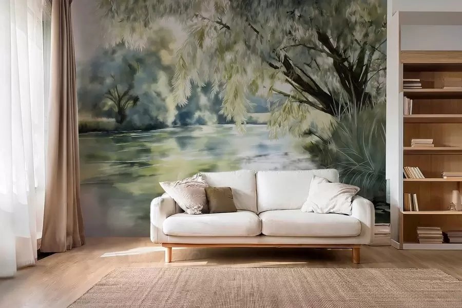 zidne murale Drvo iznad jezera u akvarelnom stilu w04501
