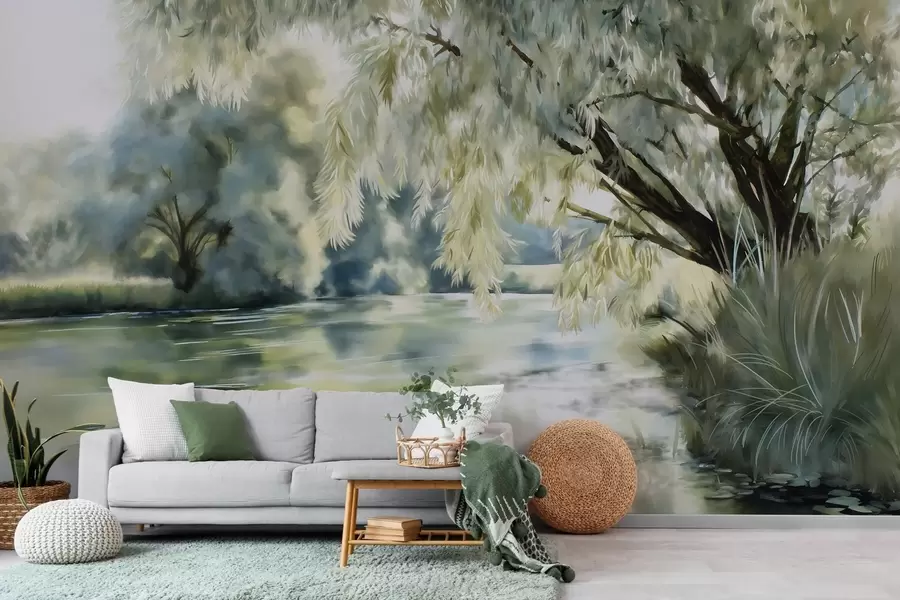 zidne murale Drvo iznad jezera u akvarelnom stilu w04501