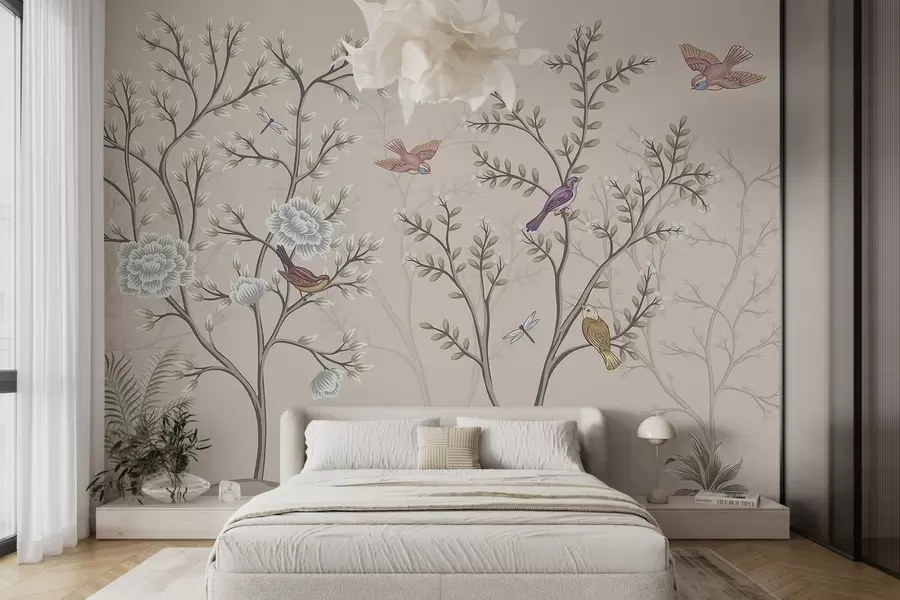 zidne murale Drveće s pticama i cvijećem w04605
