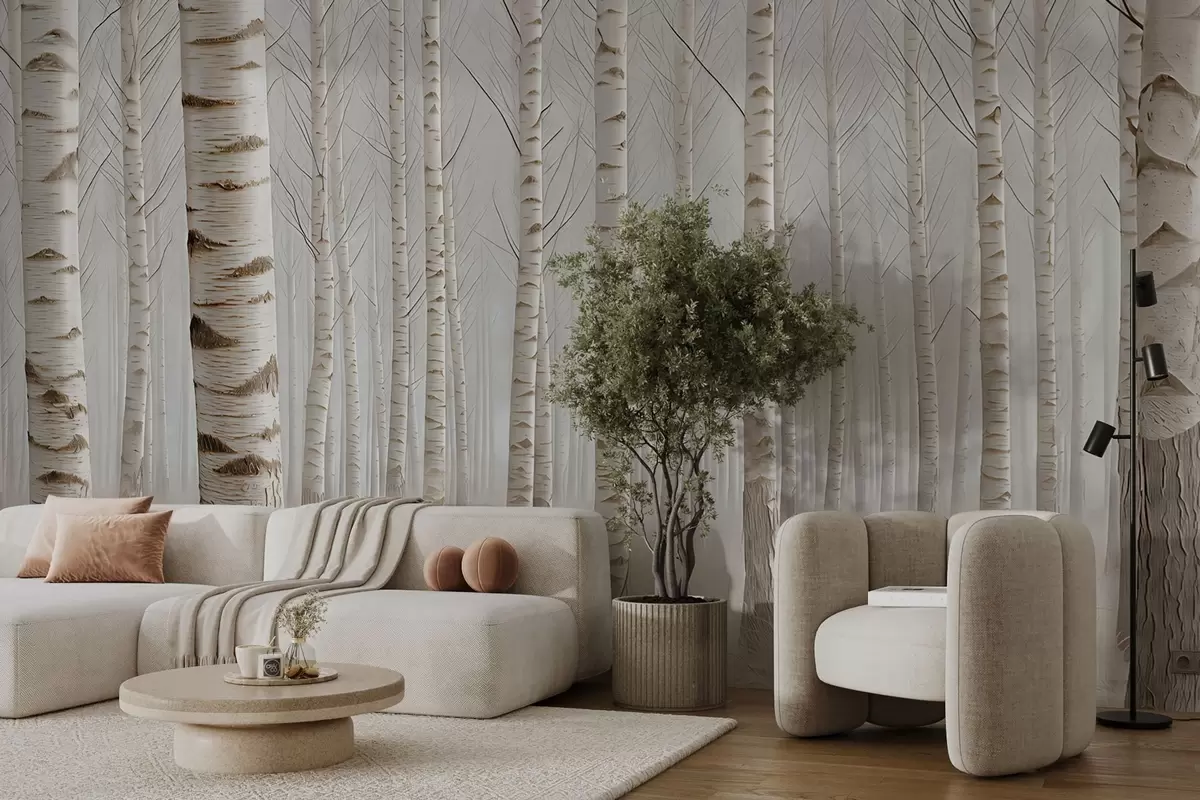 zidne murale Brezova šuma u magli, lagani minimalizam w04574