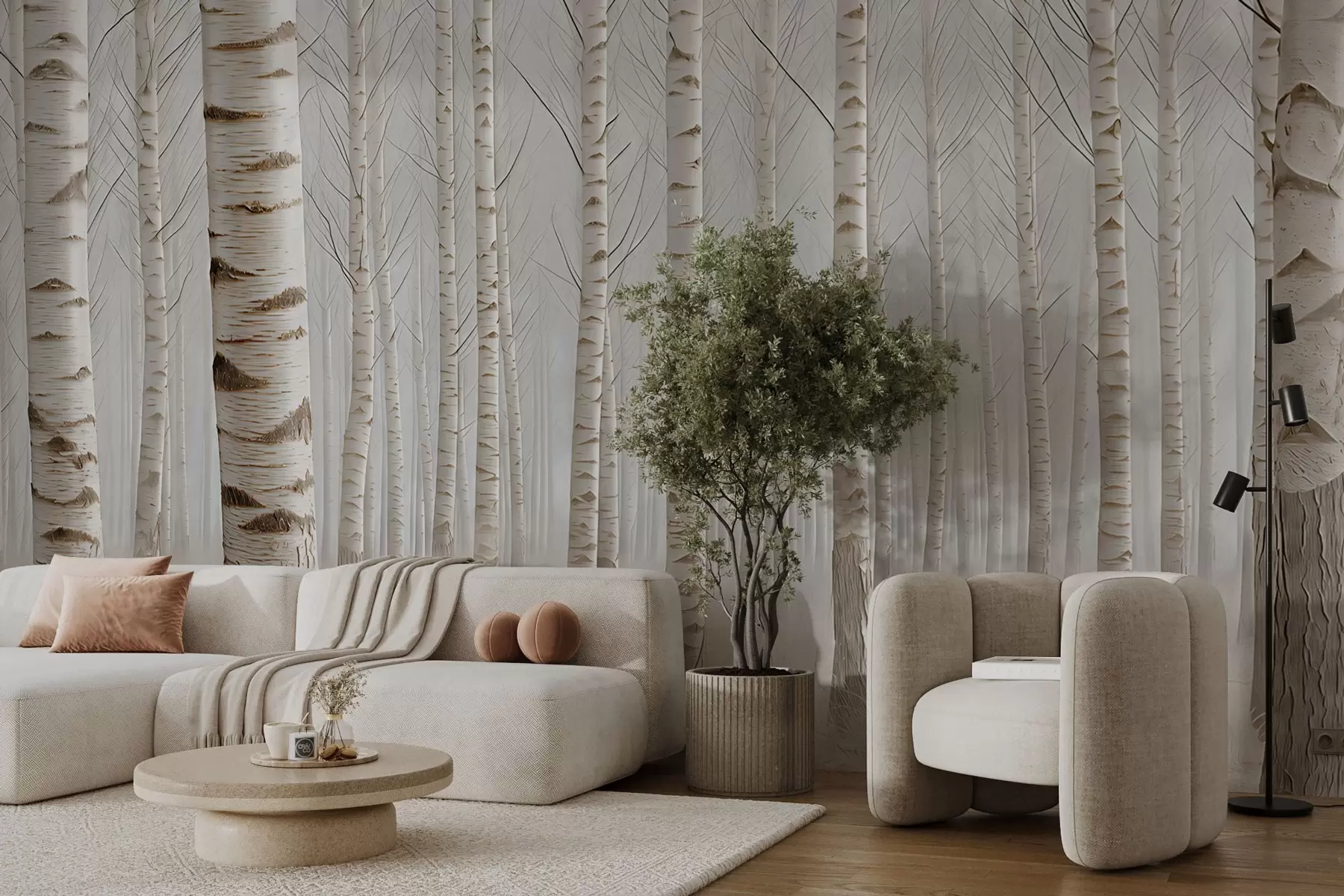 zidne murale Brezova šuma u magli, lagani minimalizam w04574