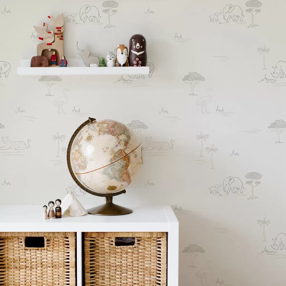 Pozadina Minimalistički safari: slonovi, nosorog, leopard i palme a00492