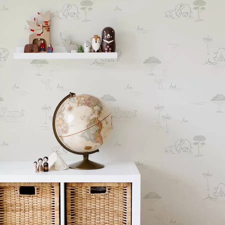 zidne murale Minimalistički safari: slonovi, nosorog, leopard i palme a00492