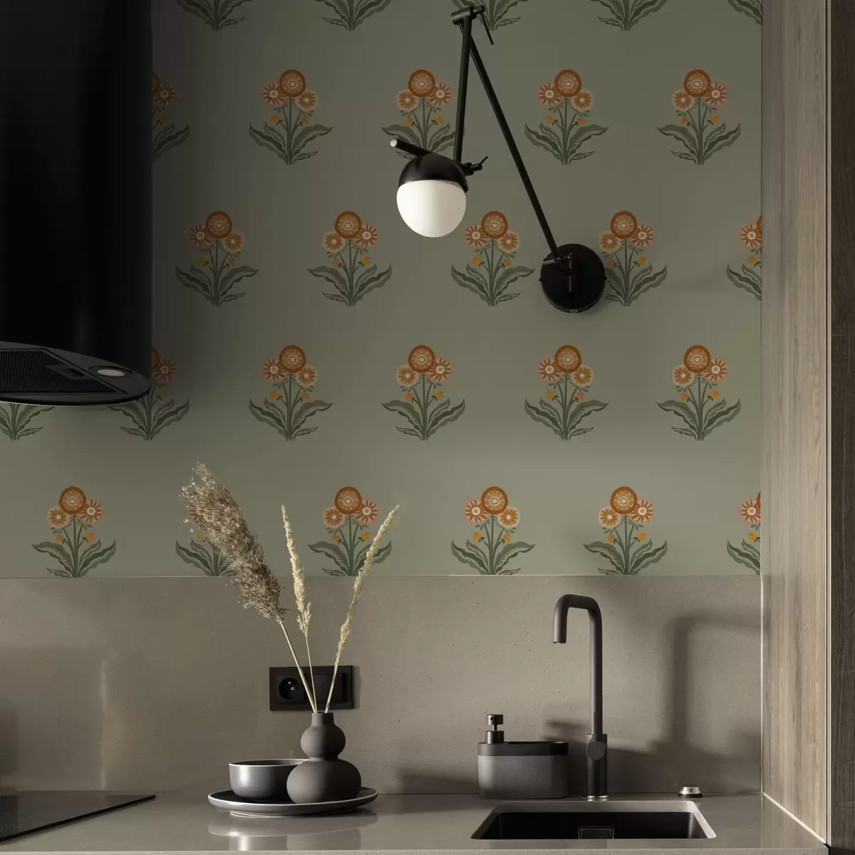 Pozadina Stilizirano cvijeće na maslinastoj pozadini, topli tonovi a00494v2