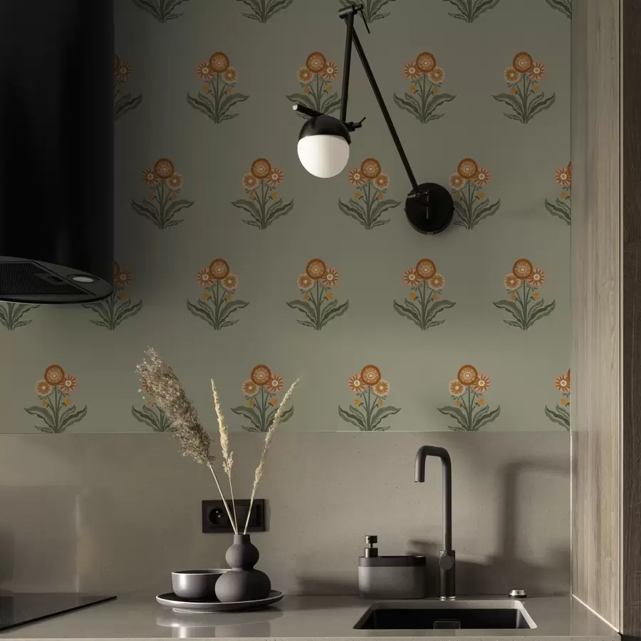 zidne murale Stilizirano cvijeće na maslinastoj pozadini, topli tonovi a00494v2