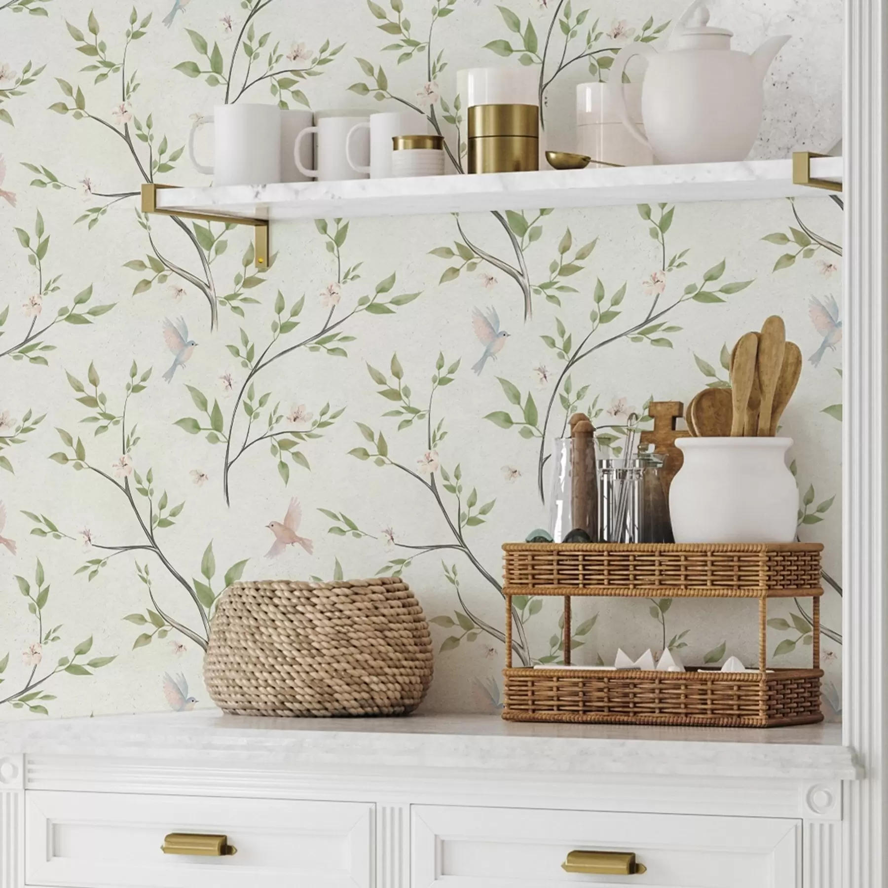 zidne murale Akvarelne grane s lišćem i pticama na svijetlom tlu a00496