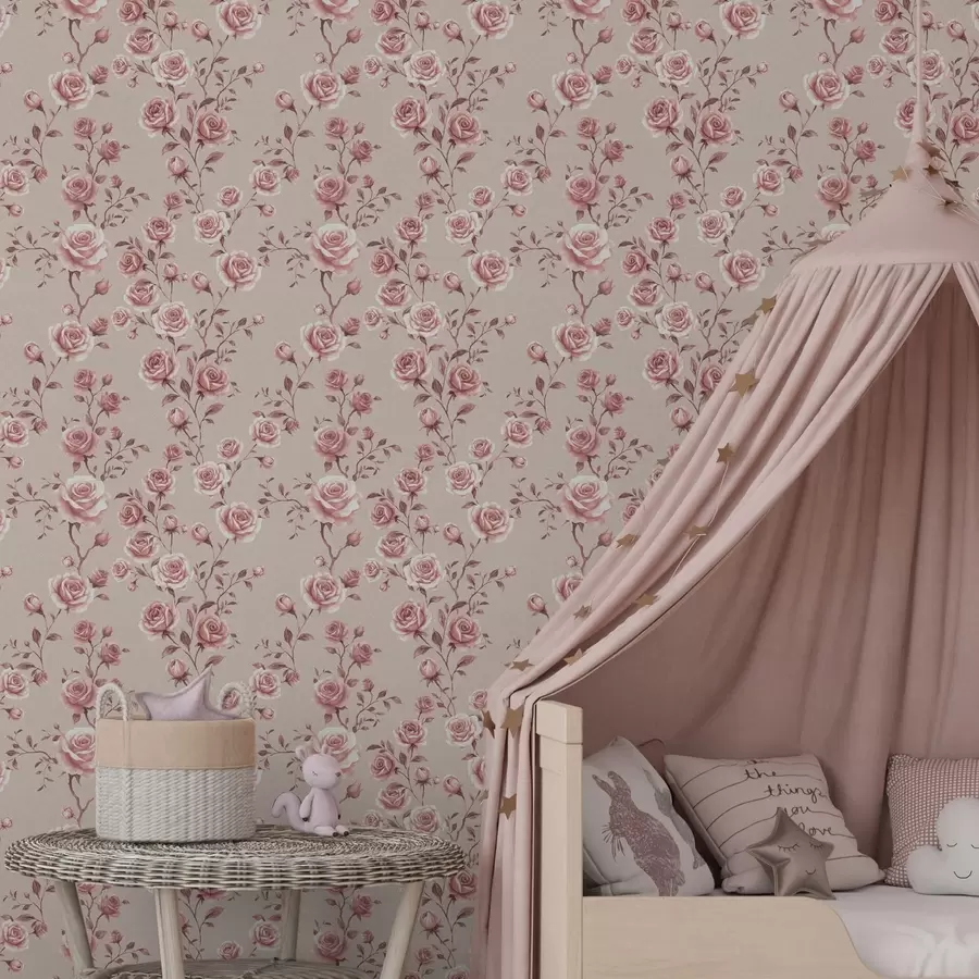 zidne murale Puderaste ruže na bež - vintage uzorak a00497