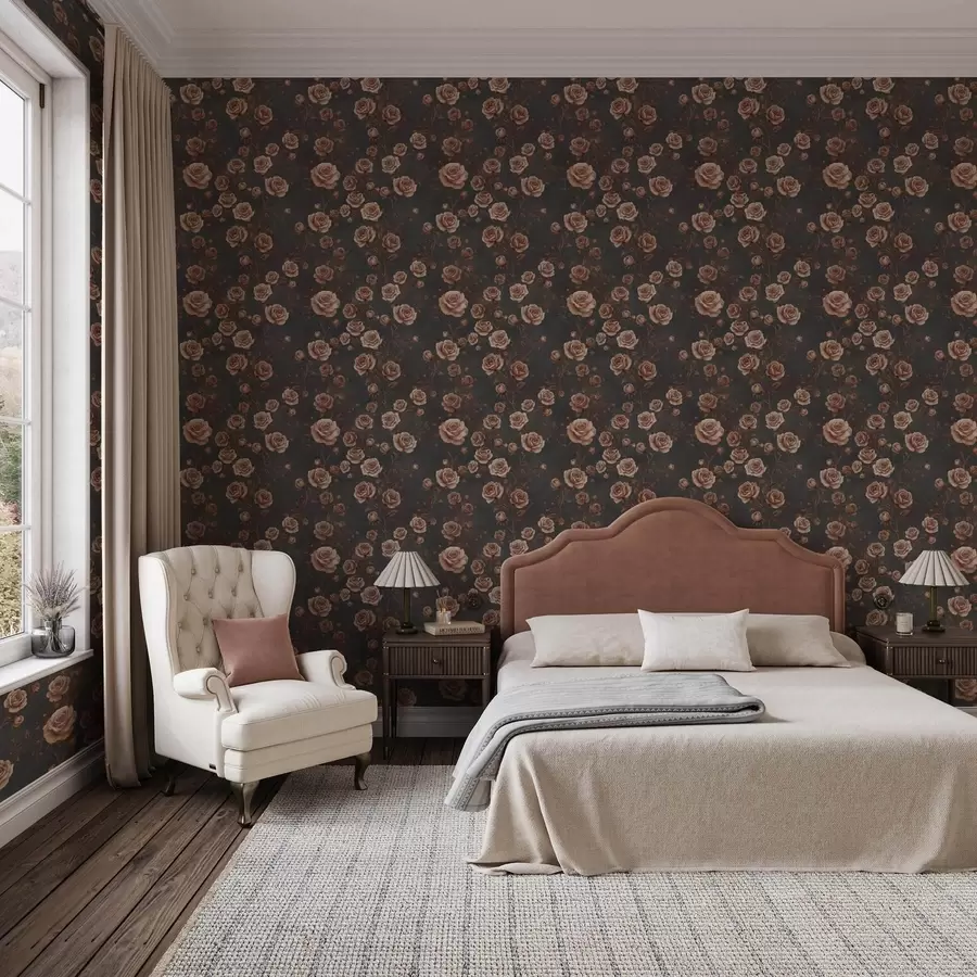 zidne murale Starinske ruže na grafitnoj pozadini, terakotna paleta a00497v1