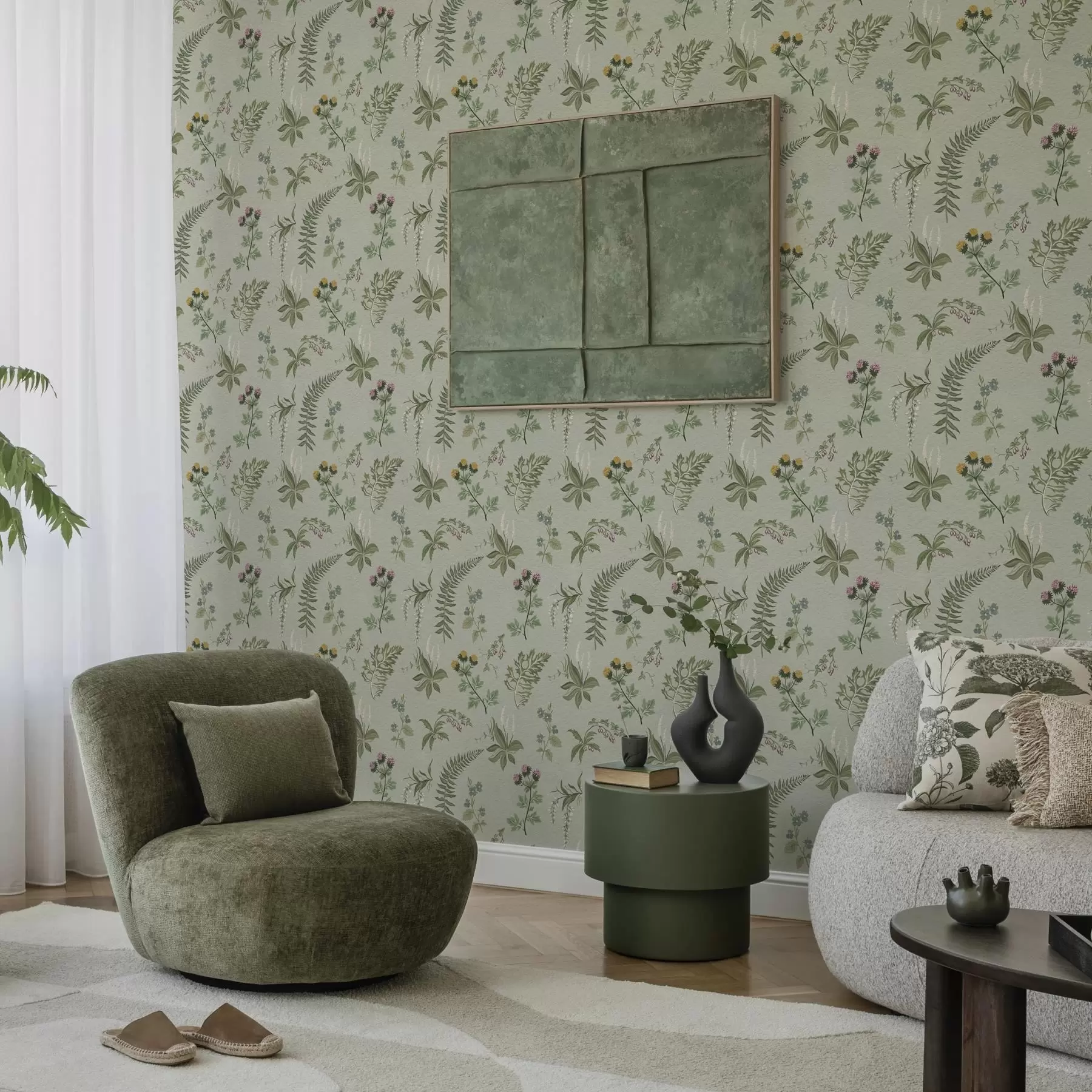 zidne murale Botaničke trave i paprati na blijedo sivozelenoj a00498
