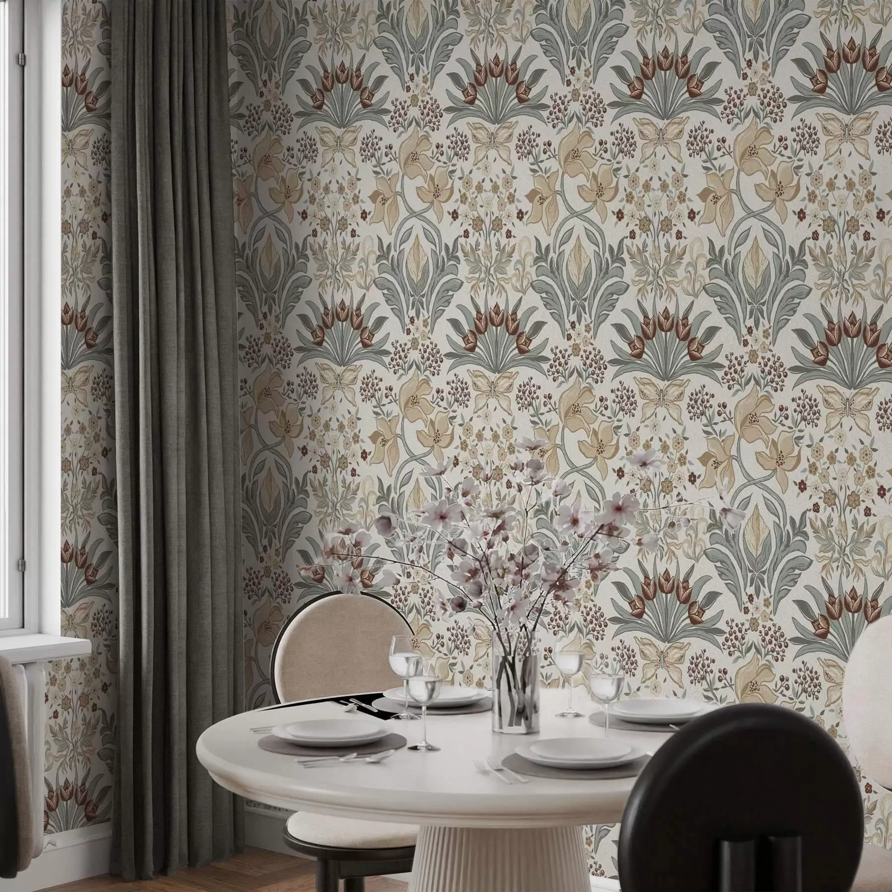 zidne murale Dekorativni ljiljani i leptir na kremastoj pozadini a00500