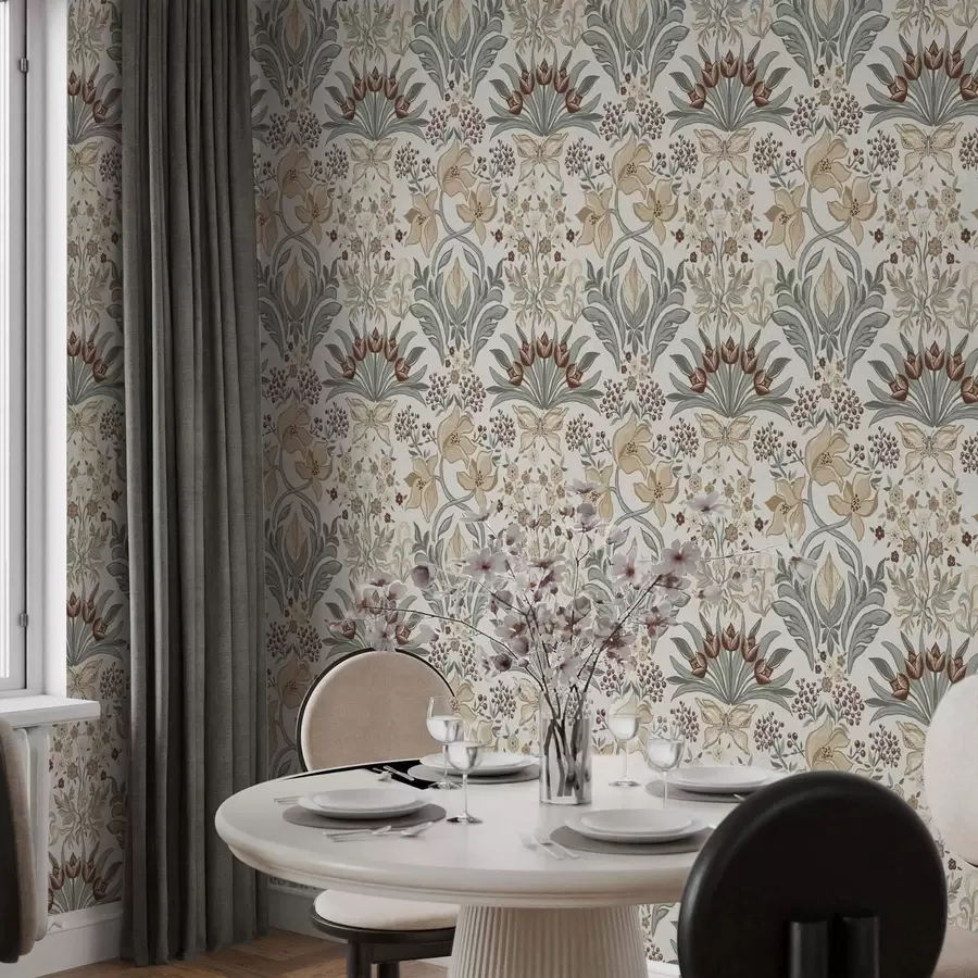 zidne murale Dekorativni ljiljani i leptir na kremastoj pozadini a00500