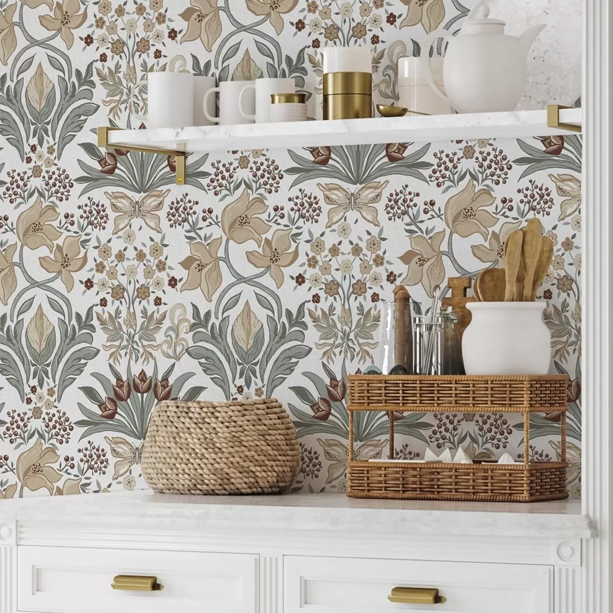 Pozadina Dekorativni ljiljani i leptir na bijeloj pozadini a00500v1