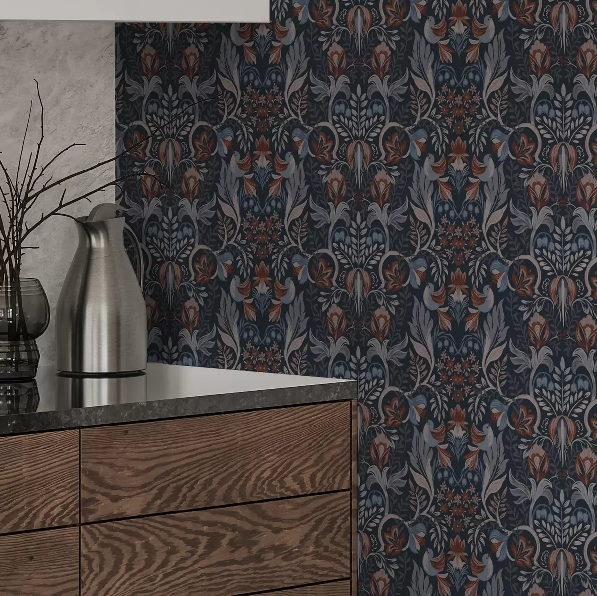 Pozadina Narodni ukras s pticama, tamno indigo boje a00502v1