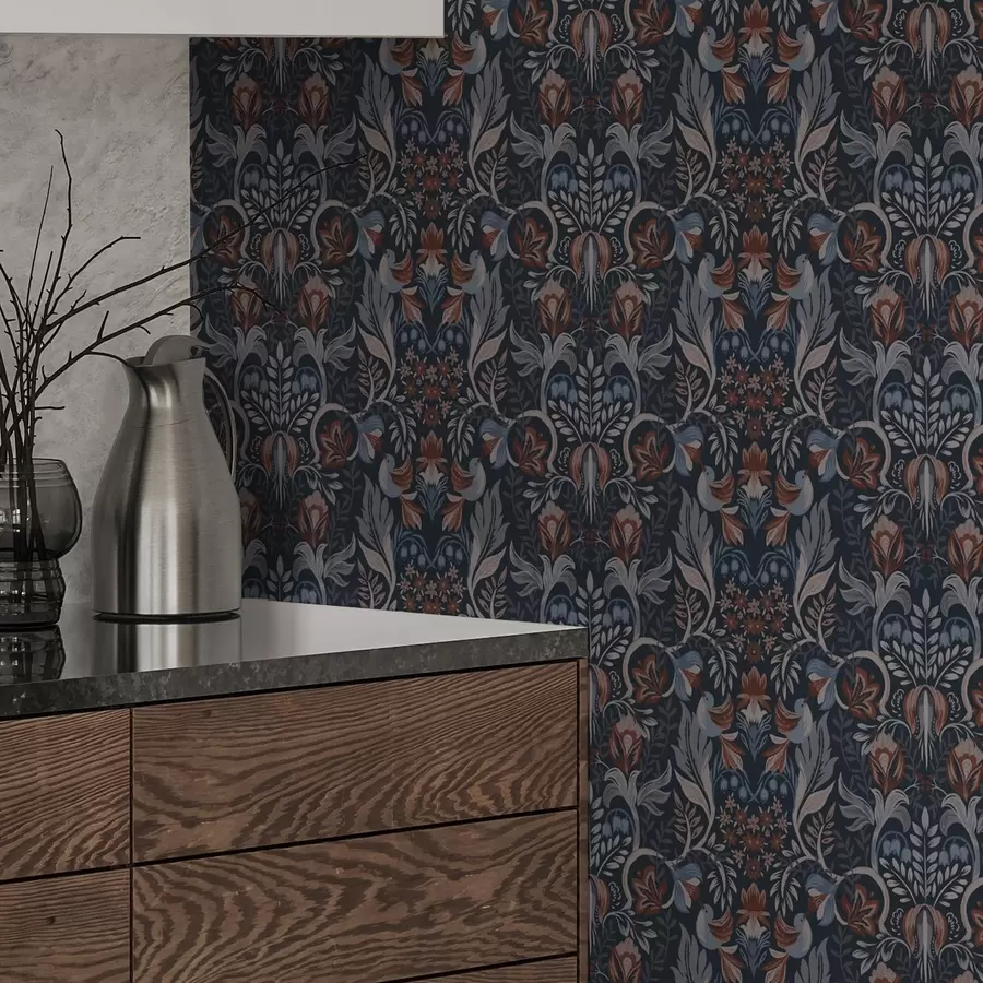 zidne murale Narodni ukras s pticama, tamno indigo boje a00502v1