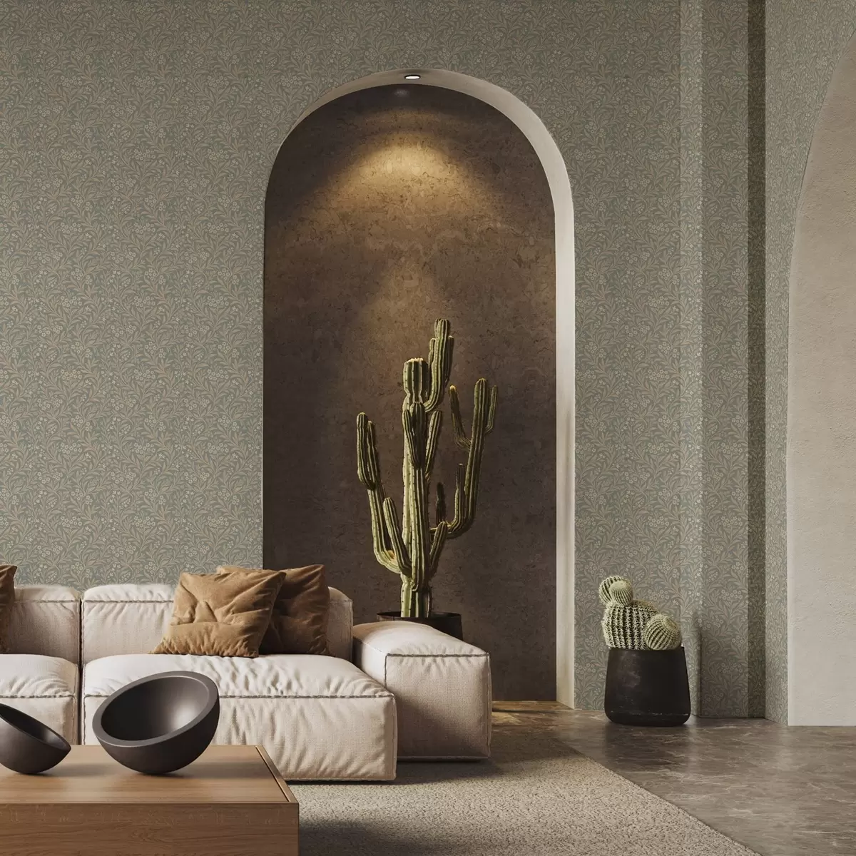 Pozadina Morrisov stil: bež grane na sivo-zelenoj pozadini a00569