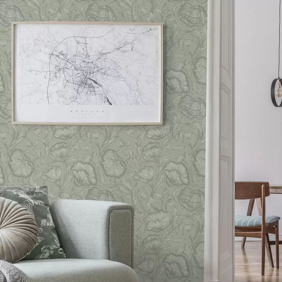 zidne murale Lineart makovi na sivozelenoj pozadini a00572v1