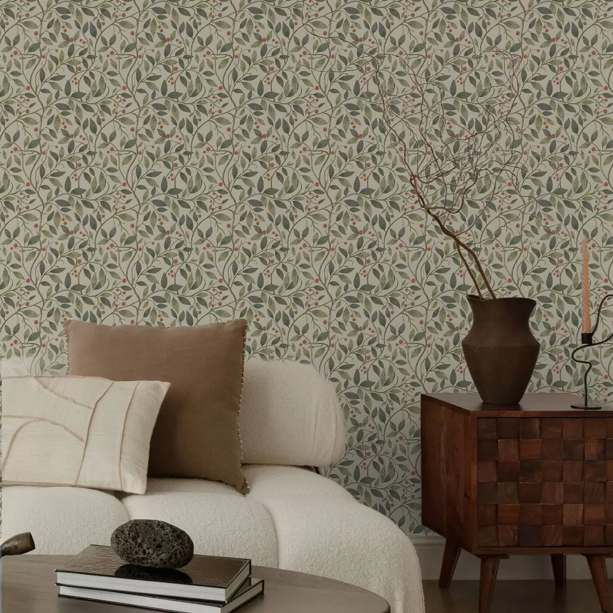 Pozadina Maslinove grančice s bobicama na toplom, svijetlom tlu a00573