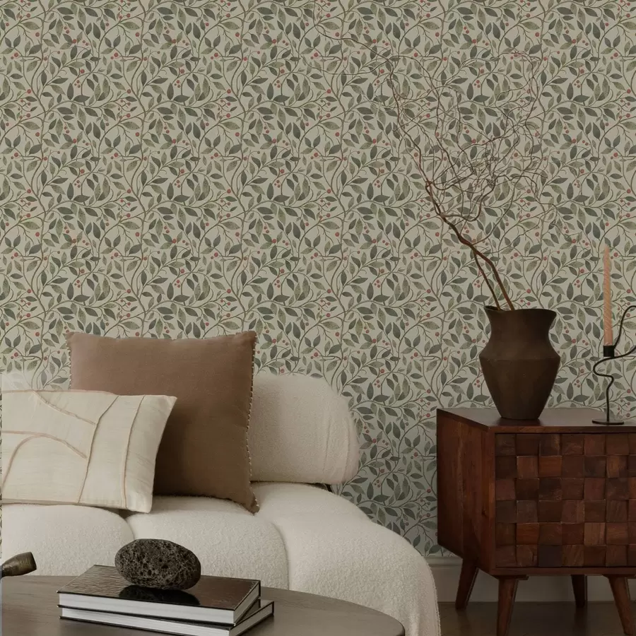 zidne murale Maslinove grančice s bobicama na toplom, svijetlom tlu a00573