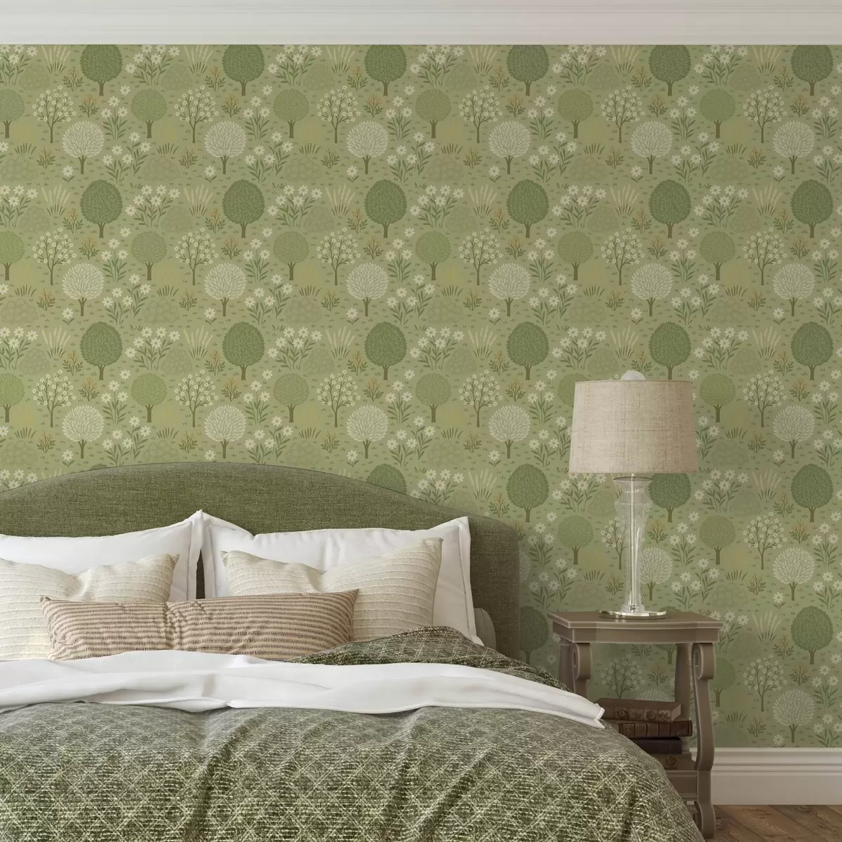 Pozadina Dječji zeleni vrt: drveće, cvijeće i pšenica a00586