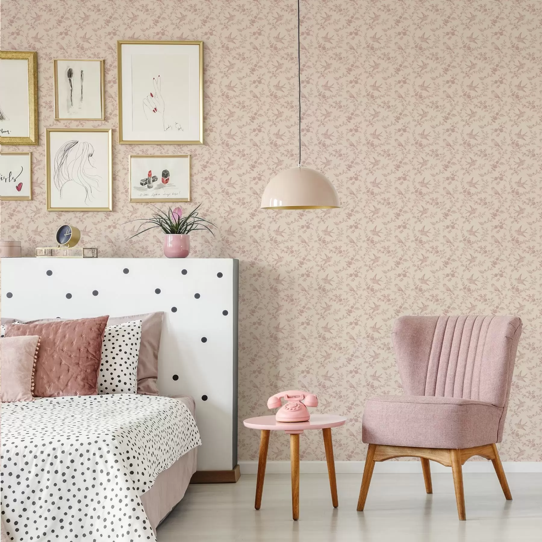 zidne murale Ptice i ruže, vintage uzorak na puderasto ružičastoj boji a00587