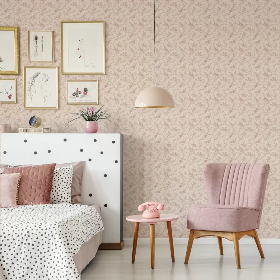 zidne murale Ptice i ruže, vintage uzorak na puderasto ružičastoj boji a00587