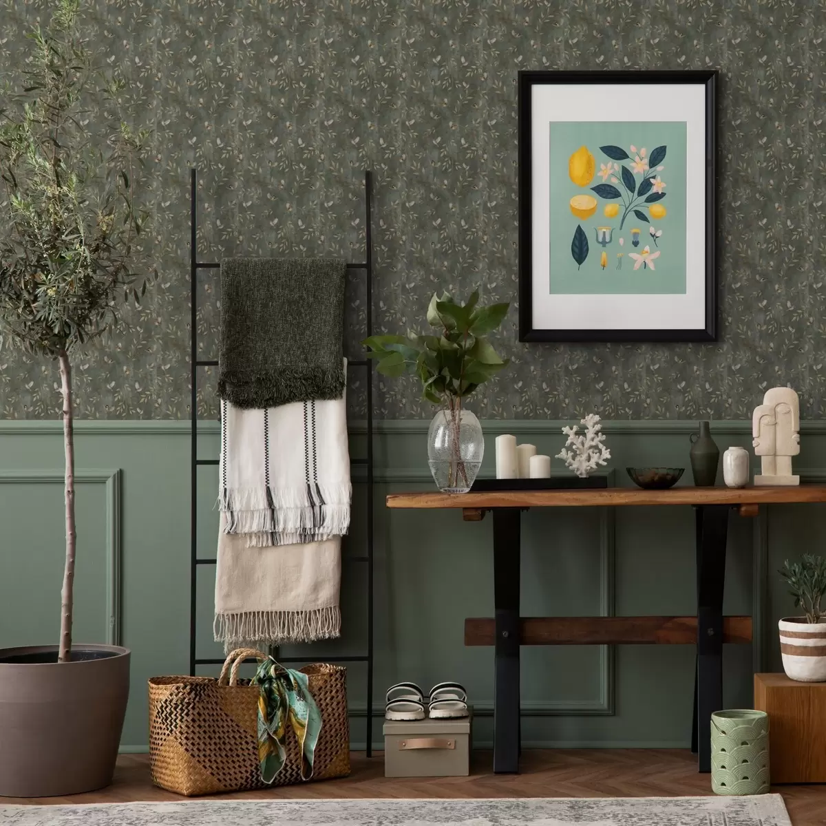 Pozadina Ptice u narančastom lišću na tamnozelenoj pozadini a00591