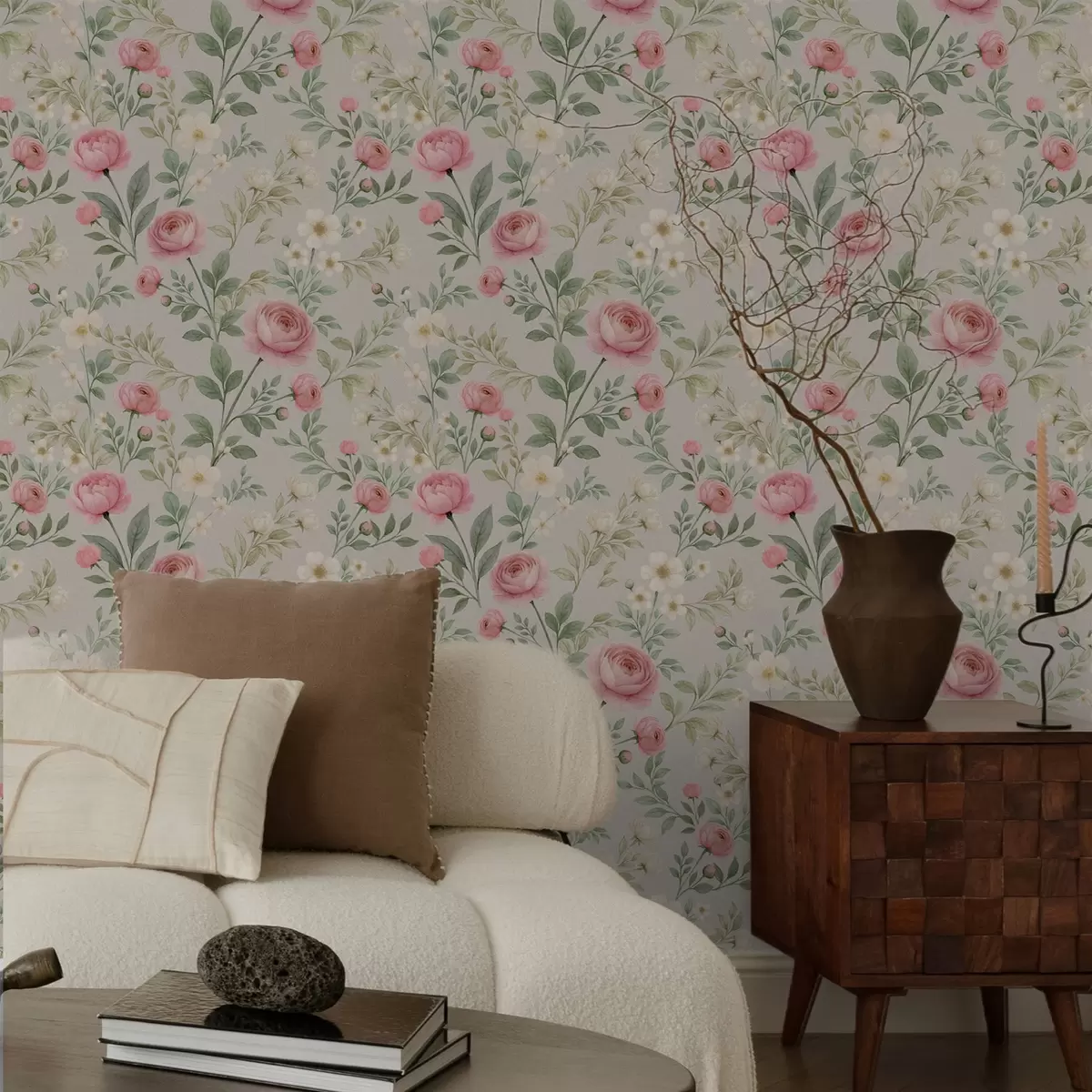 Pozadina Akvarel božuri i bijelo cvijeće na sivo-bež boji a00592