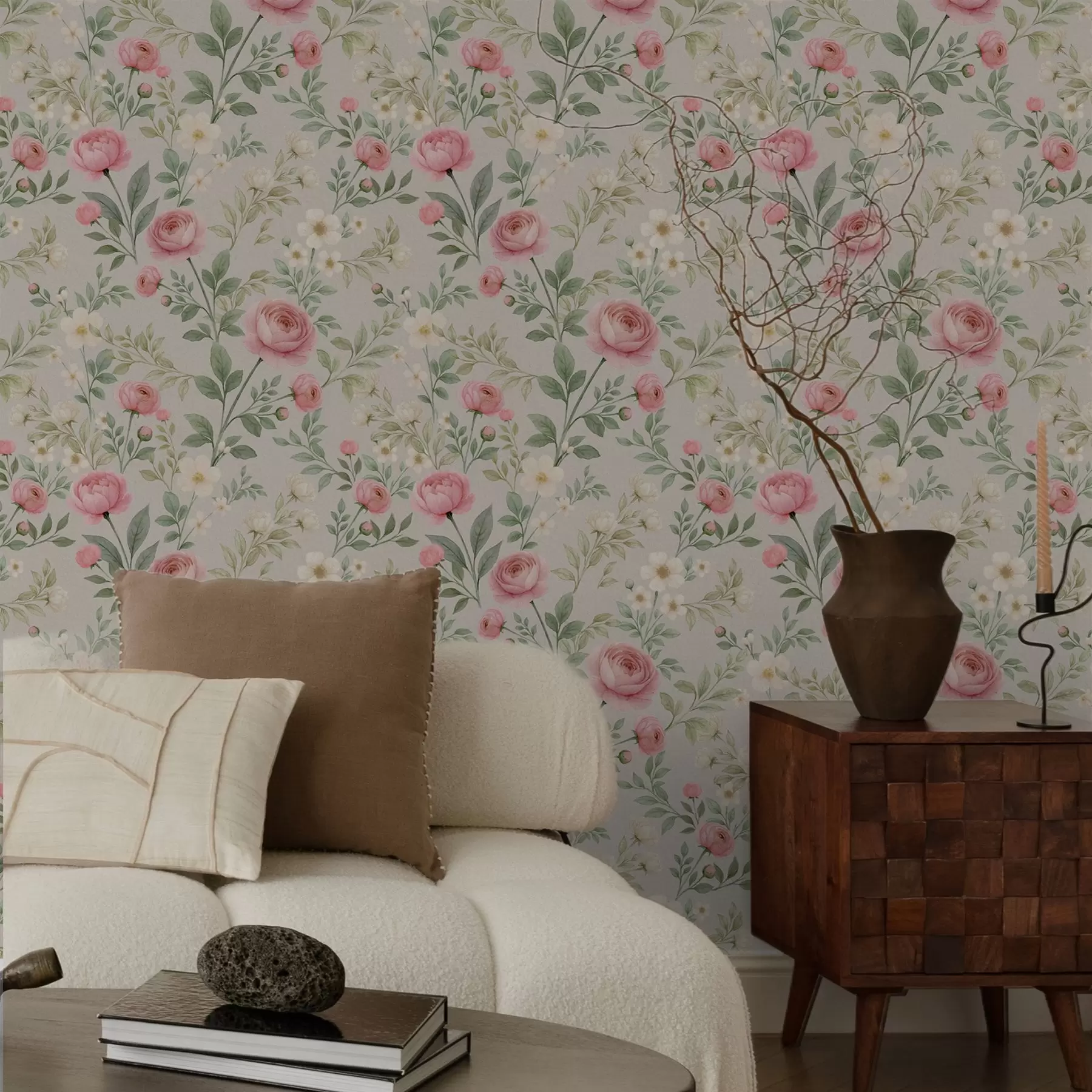 zidne murale Akvarel božuri i bijelo cvijeće na sivo-bež boji a00592