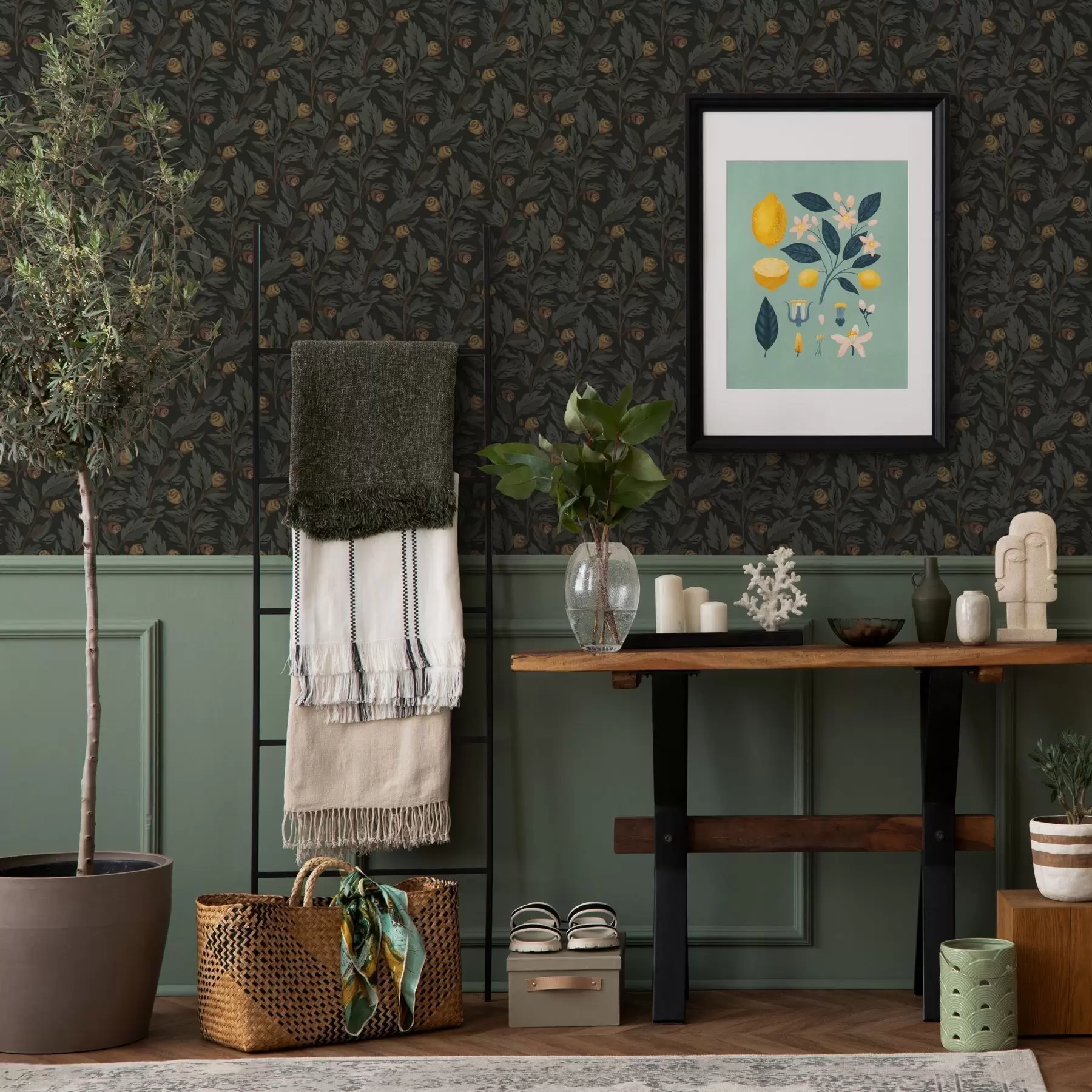 zidne murale Tamni cvjetni uzorak sa žutim pupoljcima i lišćem a00598