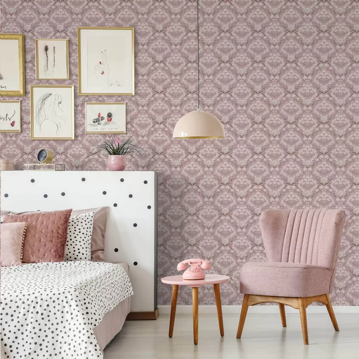 Pozadina Ružičasti damast: božuri, visibabe i čipkasti grozdovi a00603