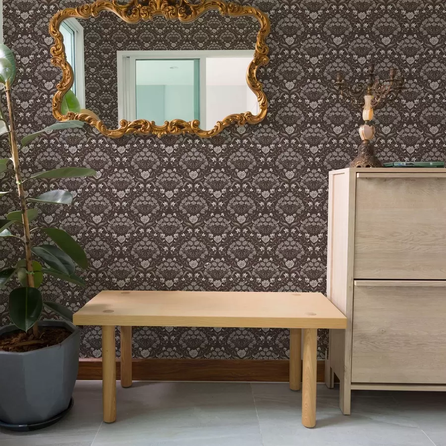 zidne murale Damask od tamne čokolade s božurima i visibabama a00603v2