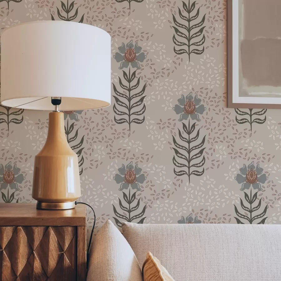 zidne murale Stilizirano cvijeće i sjemenke na toploj bež boji a00604