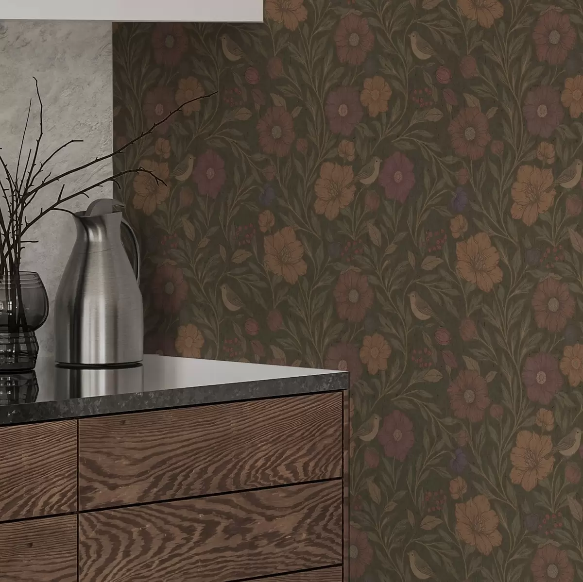 Pozadina Jesensko cvijeće i ptice na maslinasto smeđoj pozadini a00605