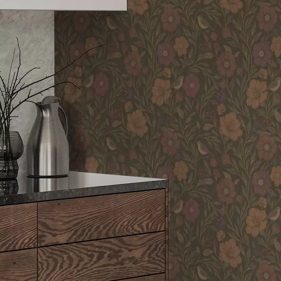 zidne murale Jesensko cvijeće i ptice na maslinasto smeđoj pozadini a00605