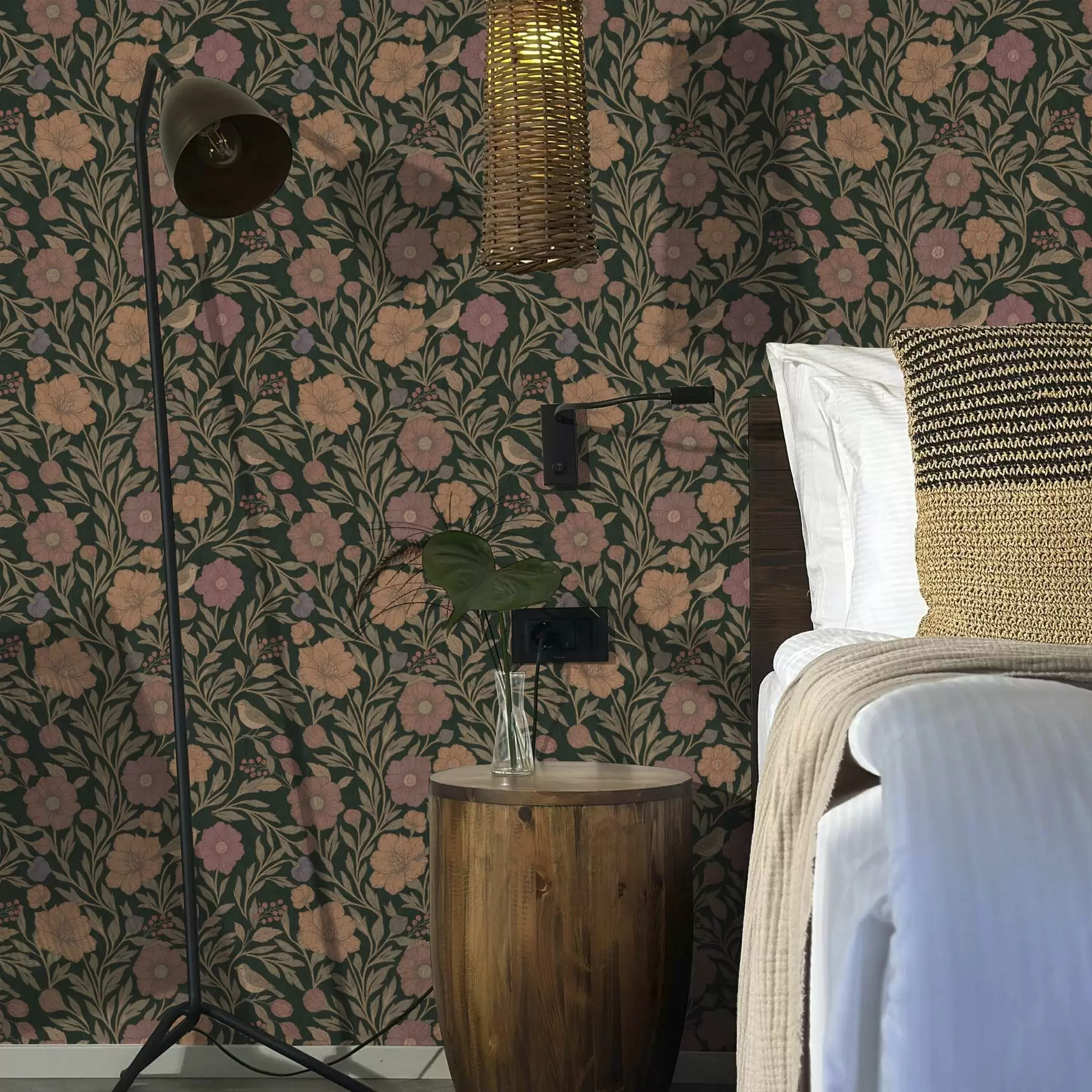 zidne murale Jesensko cvijeće i ptice na dubokoj smaragdnoj pozadini a00605v1