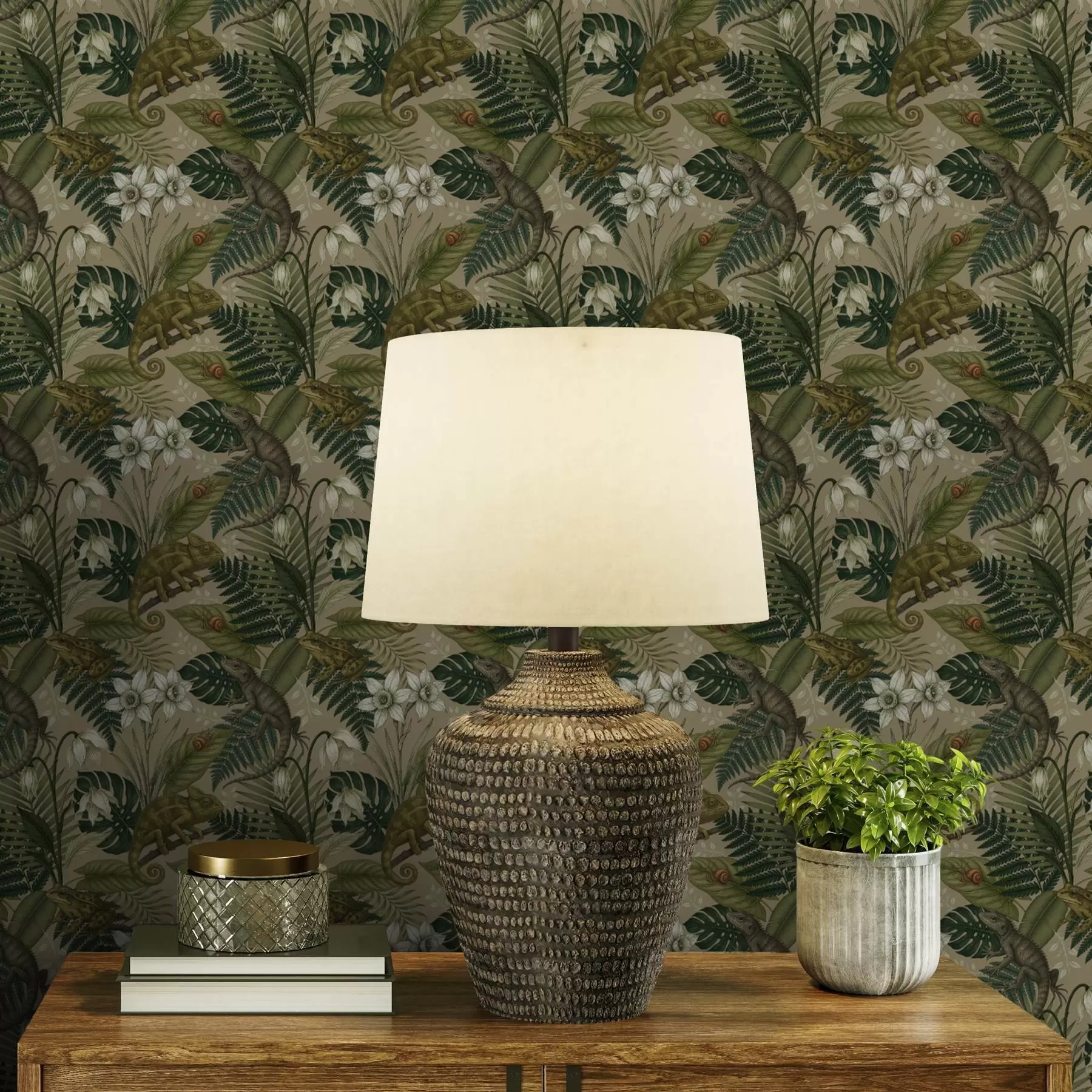 zidne murale Kameleoni i tropsko lišće, bijelo cvijeće, bež tlo a00608