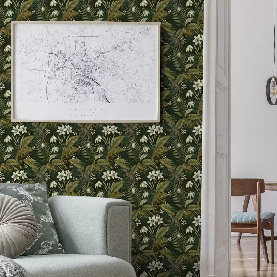 zidne murale Kameleoni i tropsko lišće, bijelo cvijeće, tamno tlo a00608v1