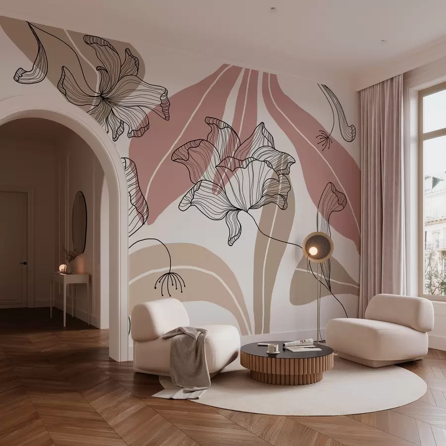 zidne murale apstraktno lišće i cvijeće u puderastim i bež tonovima w04499