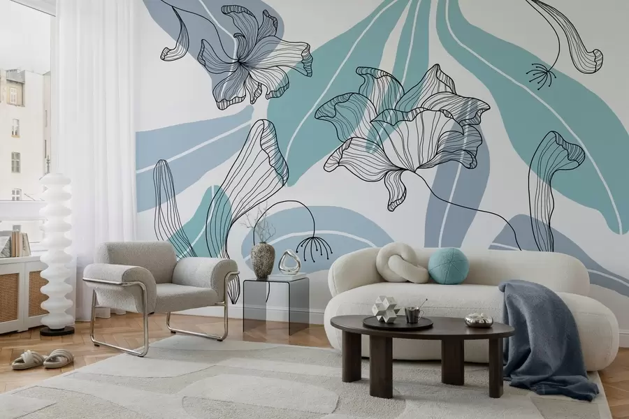 zidne murale apstraktno lišće i cvijeće u plavim tonovima w04499v2