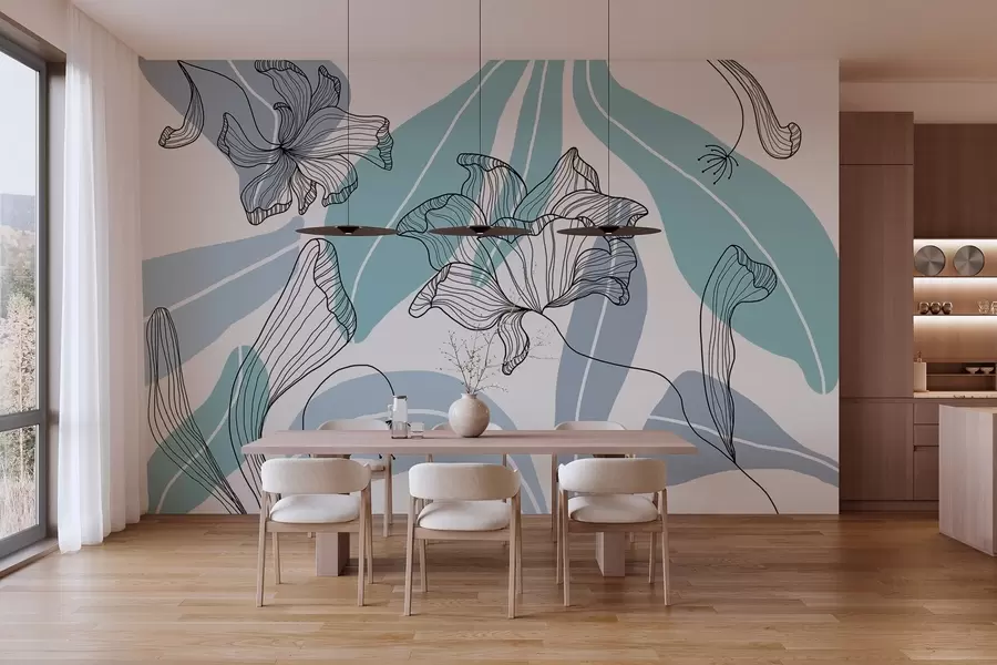 zidne murale apstraktno lišće i cvijeće u plavim tonovima w04499v2