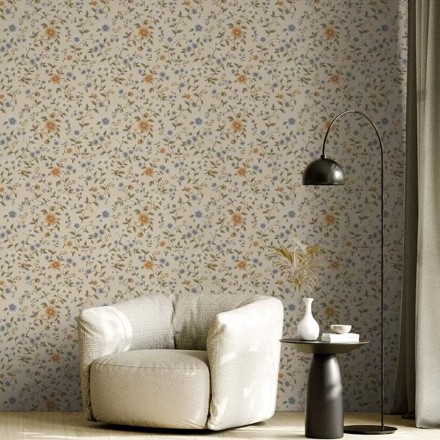 zidne murale Cvjetne grane s plavim i breskvastim cvjetovima a00575