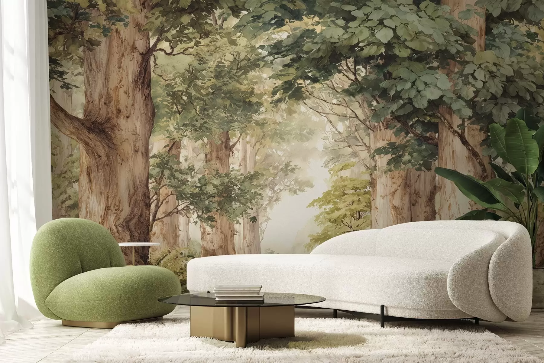 zidne murale Šumska staza među veličanstvenim drvećem u stilu akvarela w09404