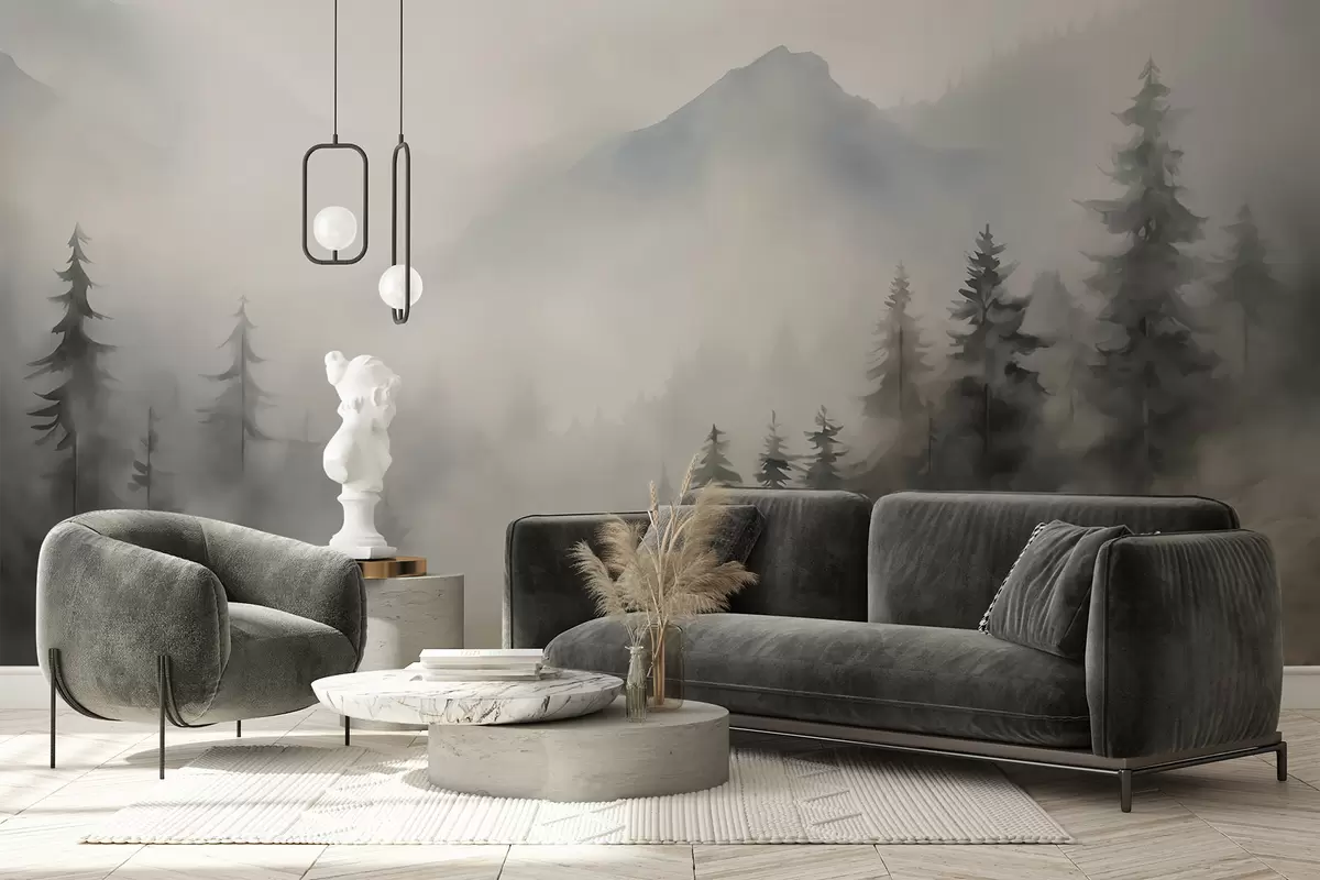 zidne murale Šuma u magli na pozadini planina w04493