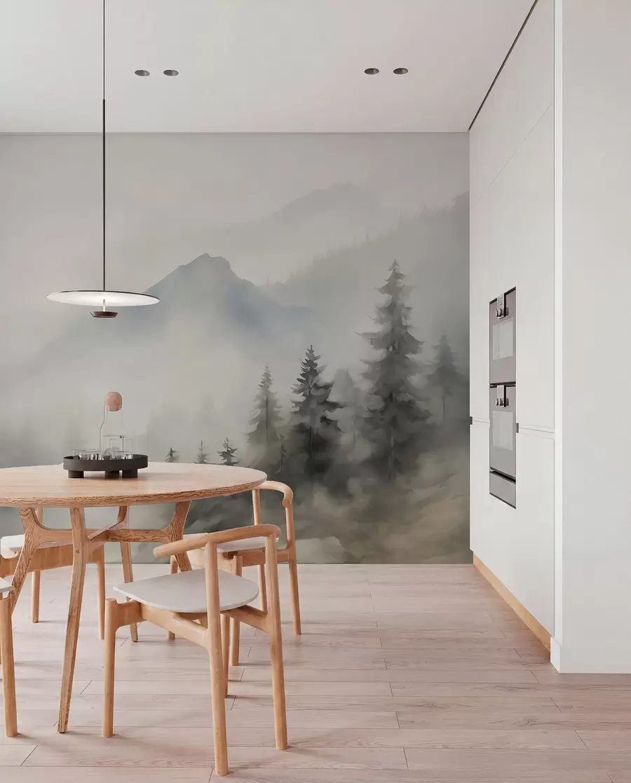zidne murale Šuma u magli na pozadini planina w04493
