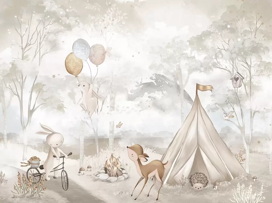 zidne murale Dječji kamp u toplim bež tonovima, šator i šumske životinje w04671