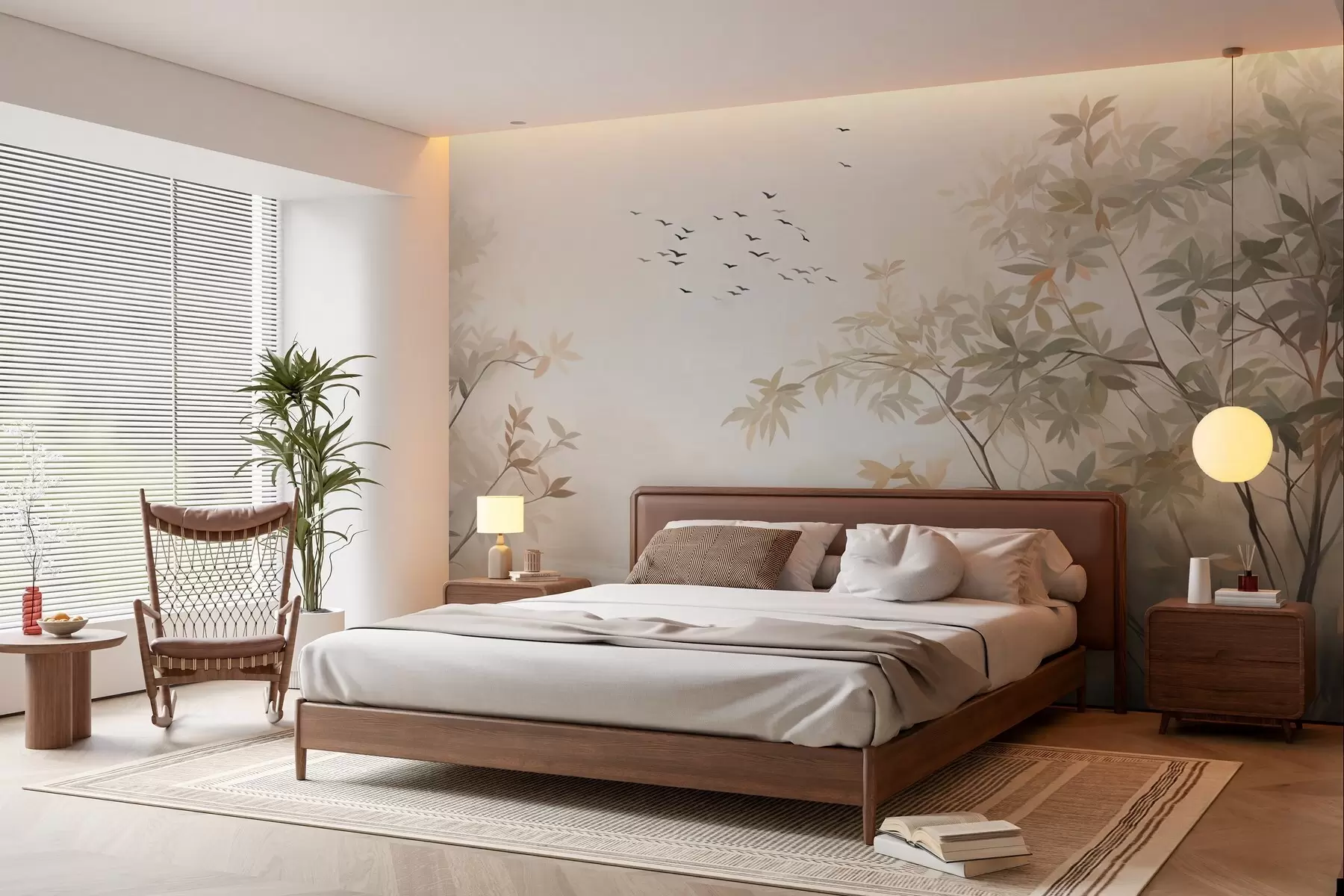 zidne murale Teksturirani krajolik s drvećem i jatom ptica koje lete nebom, pastelne boje, prirodni prizor  w09418